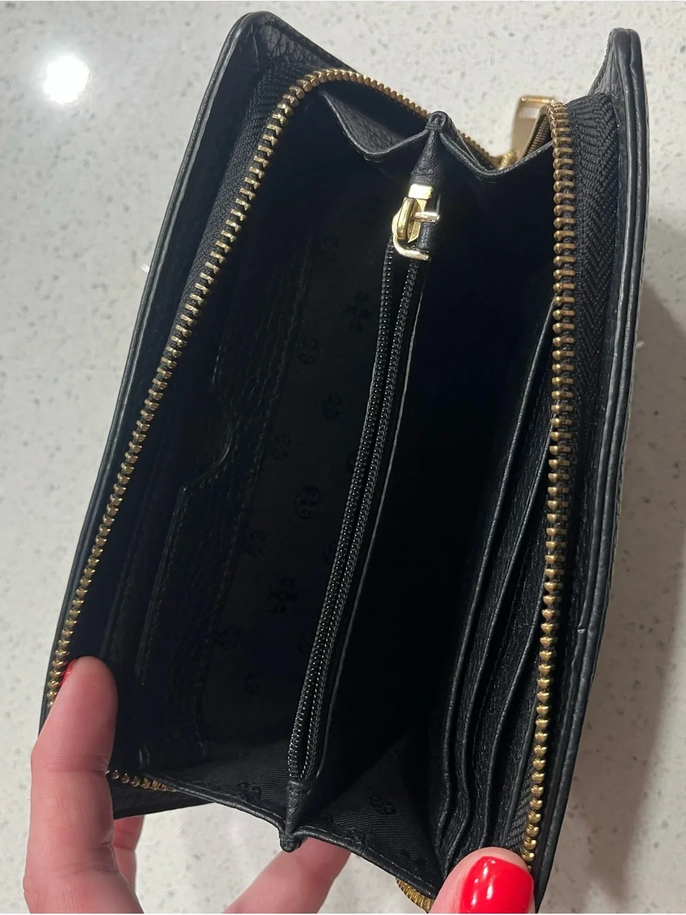 Tory Burch Black Pebbled Leather Zip-Around Wristlet with Logo